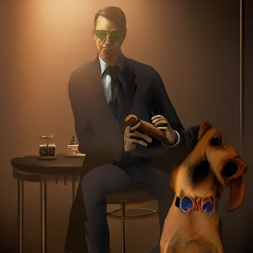 Image similar to a dog wearing a business suit smoking a cigar, dramatic lighting, cinematic, establishing shot, extremly high detail, photorealistic, cinematic lighting, concept art, artstation, style by greg rutkowsky