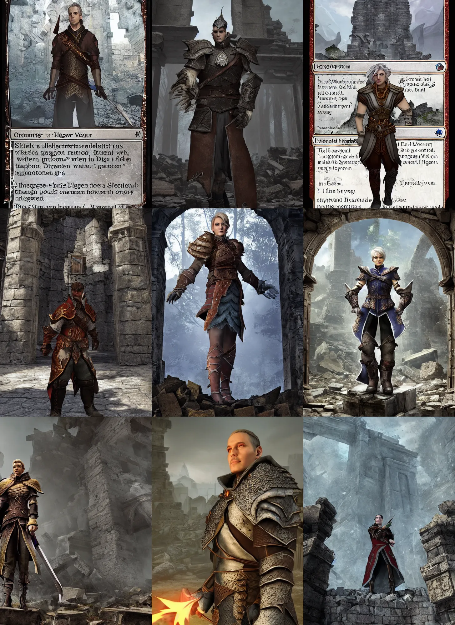 Prompt: a masterful character portrait of a dragon age grey warden standing in the broken ruins of a dwarven temple