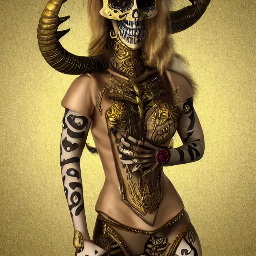 Prompt: champagne blonde female changeling mythical satyr, humanoid with goat legs and horns, symmetry intricate, dia de los muertos, aztec ultra detailed feathered dress, gold - bodied playing guitar, concept art, photorealism, ultra realistic, 8 k resolution, artstation, 3 5 mm,