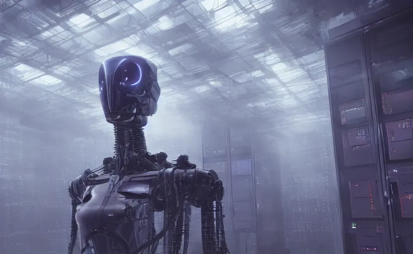 Image similar to extremely detailed cinematic movie still 3 0 7 7 foggy portrait shot of a robot in an endless data centre by denis villeneuve, wayne barlowe, simon birch, marc simonetti, philippe druillet, beeple, bright volumetric sunlight from small windows, rich moody colors, closeup