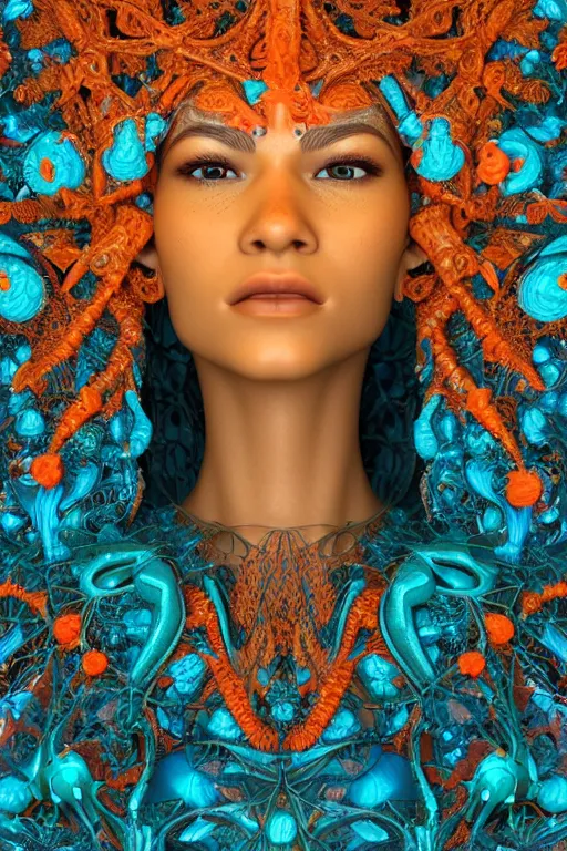 Prompt: cinema 4d colorful render, organic, dark scene, ultra detailed, of a porcelain beautiful Zendaya face. biomechanical, analog, macro lens, hard light, big leaves and large orange Dragonflies, stems, roots, fine foliage lace, turquoise gold details, high fashion haute couture, art nouveau fashion embroidered, intricate details, mesh wire, mandelbrot fractal, anatomical, facial muscles, cable wires, elegant, hyper realistic, in front of dark flower pattern wallpaper, ultra detailed
