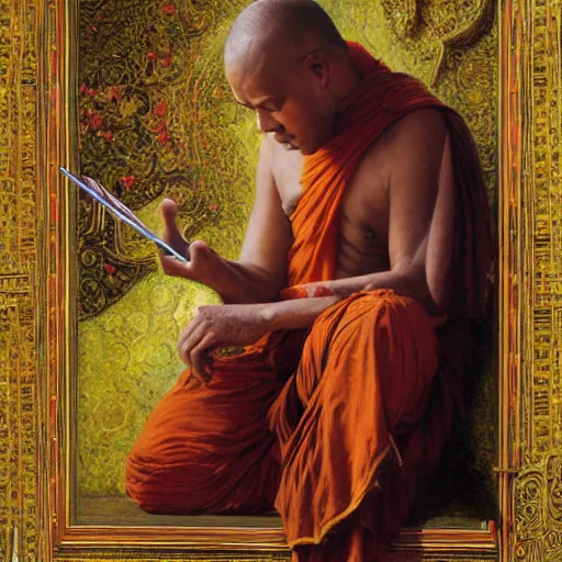 Image similar to highly detailed potrait of blind folded by cloth srilankan cunning buddhist monk praying in baroque style, painting by gaston bussiere, craig mullins, j. c. leyendecker, lights, art by ernst haeckel, john william godward, hammershøi,