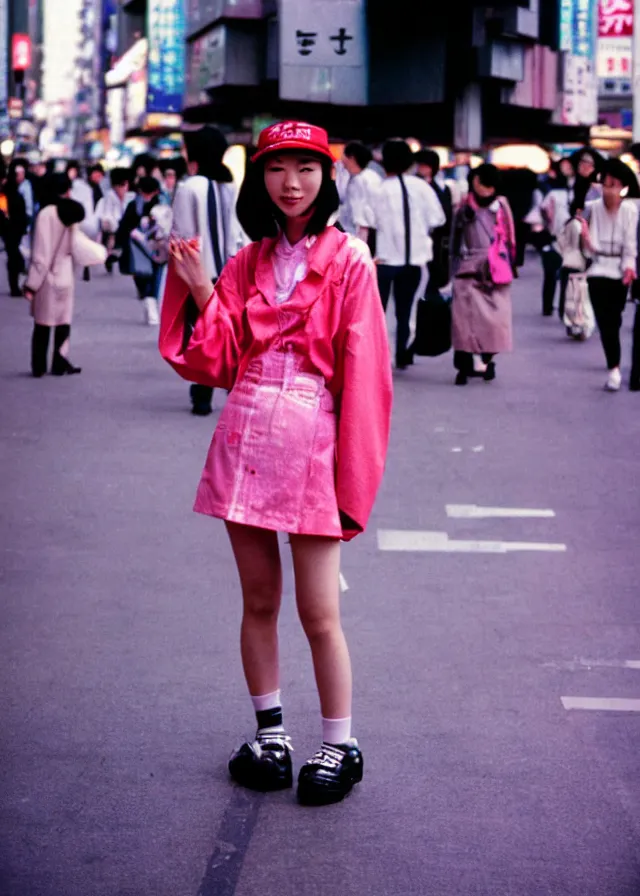 Prompt: a street fashion photograph of a cute japanese woman in 9 0 s fashion, in tokyo akihabara, shot on cinestill 5 0 d with a 3 5 mm at f / 2. 8 lens, print magazine quality, photo, photorealism, nineties nostalgia, 4 k