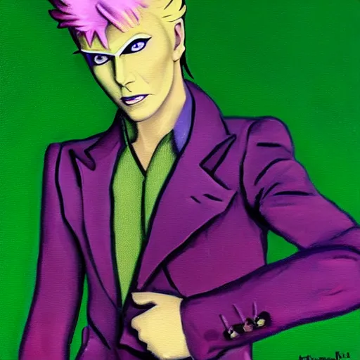 Image similar to an oil painting of blond David Bowie in purple jacket and light green shirt in style of Kira Yoshikage from JOJO.