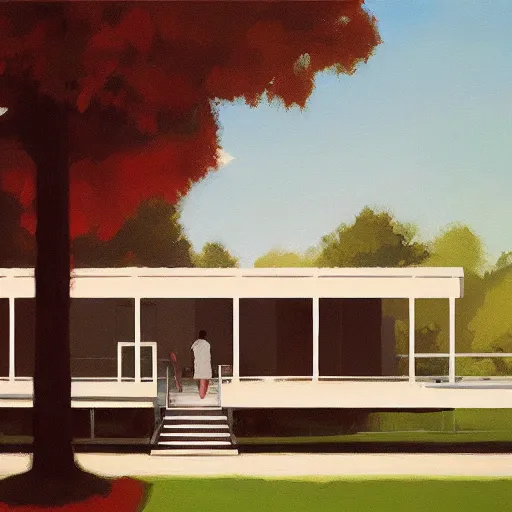 Image similar to farnsworth house painting by atey ghailan, cinematic, masterpiece