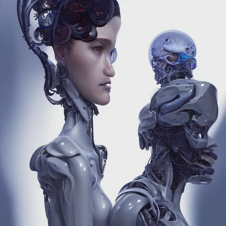 Image similar to 2 0 7 7 prototype exoskeleton portrait with ribbed jshzh face by rutkowsky and charles vess and james jean and erik jones and rhads, inspired by ghost in the shell, 3 d octane render, beautiful fine face features, intricate high details, sharp, ultradetailed, artistic photography