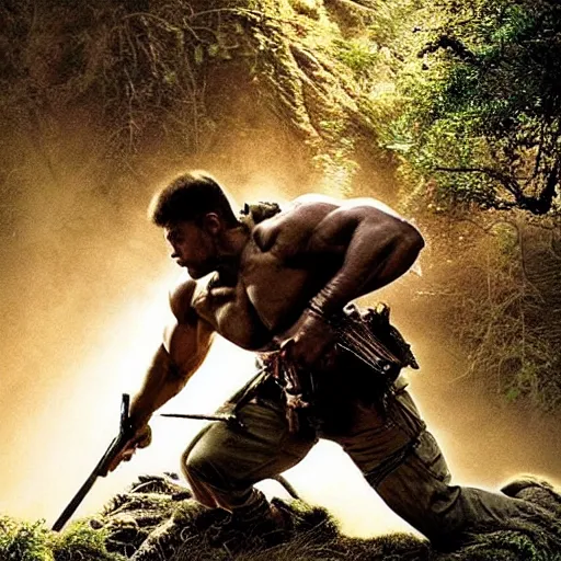 Image similar to stunning awe inspiring rambo fighting predator, movie still 8 k hdr atmospheric lighting