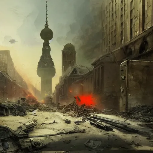 Image similar to berlin been destroyed by the soviet arteries in 1 9 4 4 in one of the soviet armies raising the soviet flag in the background by greg rutkowski