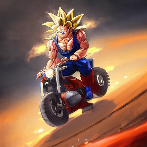 Image similar to Goku dressed as a motorcyclist, by Stanley Artgerm Lau, WLOP, Rossdraws, James Jean, Andrei Riabovitchev, Marc Simonetti, Yoshitaka Amano, ArtStation, CGSociety,