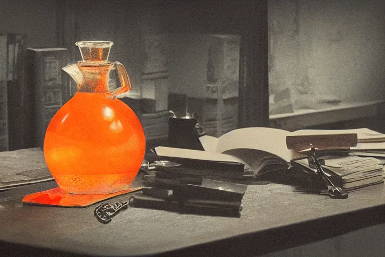 Prompt: office desk with a spilled glowing orange potion, 1 2 th century fantasy photograph, featured on pixiv, magical potion