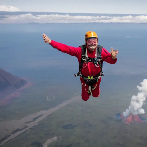 Image similar to elderly man skydiving over a volcano, smiling, happy, volcano, hot, eruption, magma, lava, canon eos r 3, f / 1. 4, iso 2 0 0, 1 / 1 6 0 s, 8 k, raw, unedited, symmetrical balance, wide angle