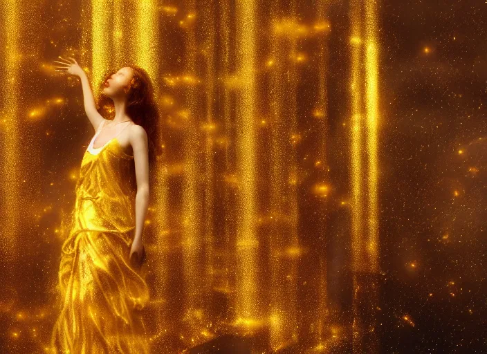 Prompt: !dream Figure cyborg with flowing golden robes and light beams, volumetric lighting, By Gustav Klimt, Monet, cg, Octane render, 4K, Yoshitaka Amano, James Jean