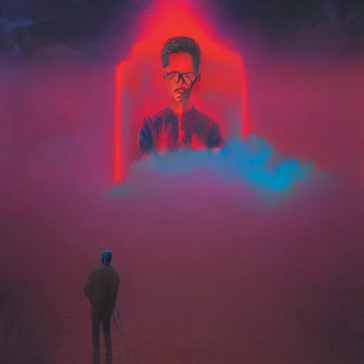 Image similar to figurative Malcom X portrait inspired in beksinski and dan mumford work, remixed with Simon Stalenhag work, sitting on the cosmic cloudscape, epic color palette, blue neon rain, cinematic shoot