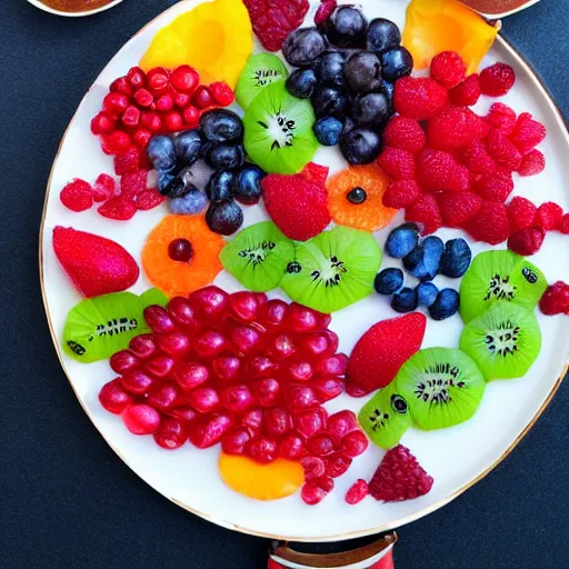 Image similar to beautiful photo of a rowing boat made from fruit pieces on a white plate, dslr