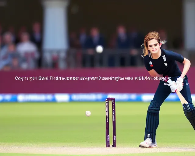 Prompt: emma watson opens the batting for england at lord's cricket ground, sports photography, close up, clear face