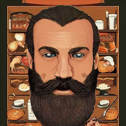 Image similar to beard man angry with italian burger. symmetrical anatomy, hyperdetailed, digital art, baroque, pop punk art style, poster style, illustration, fantasy, full body pictures, without duplication, dribble popular, unreal engine, drawn by ilya kuvshinov and vinicius gud and gustavo zambelli, intricate, balance rendered.