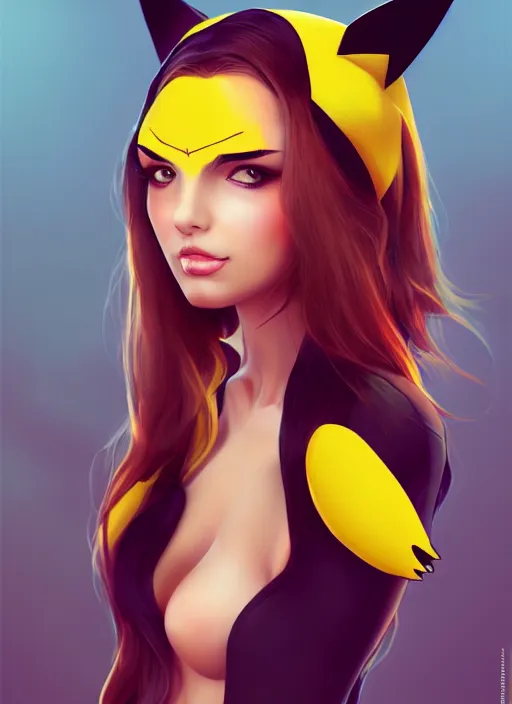 Prompt: a portrait of a hot girl in pikachu costume, grim - lighting, high - contrast, intricate, elegant, highly detailed, digital painting, artstation, concept art, smooth, sharp focus, illustration