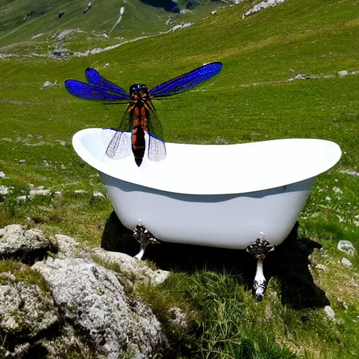 Image similar to dragonfly in a bathtub in the alps, goats!!!!!!!! in background