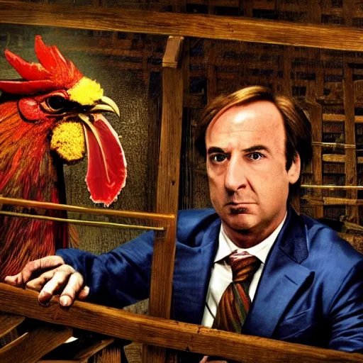 Prompt: saul goodman and a rooster in a saw movie torture chamber, horror movie background, saul goodman, rooster, photo