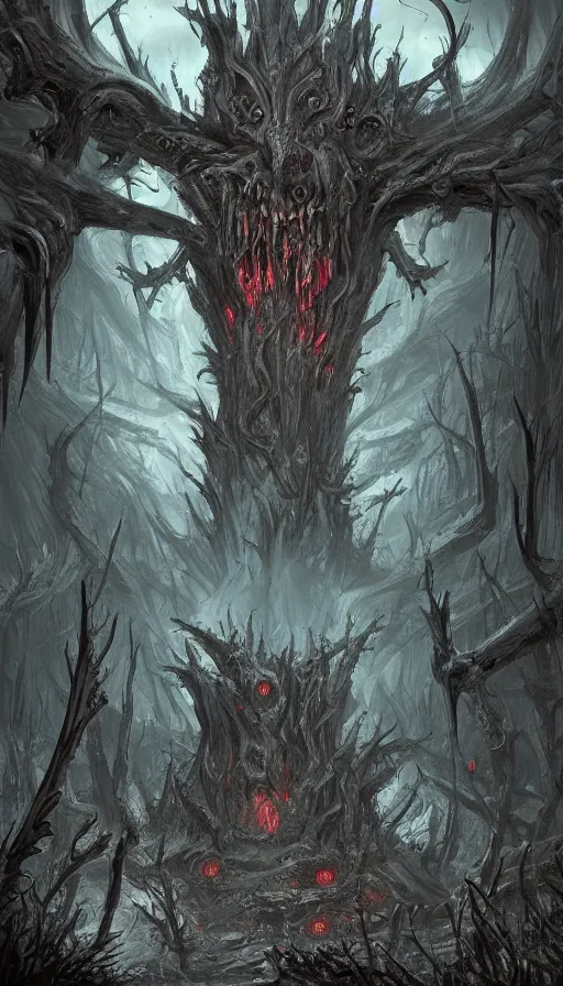 Image similar to a storm vortex made of many demonic eyes and teeth over a forest, by d & d concept artists