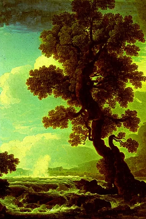 Prompt: oil painting of a old tree next to a raging river by claude lorrain