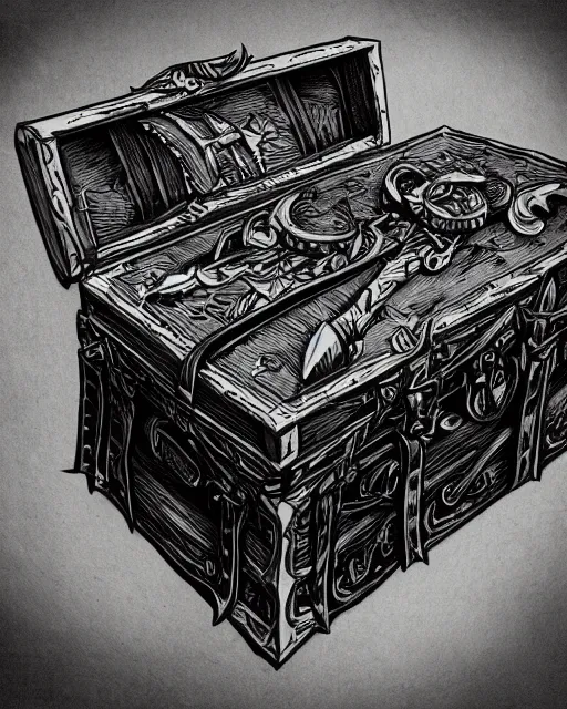 Image similar to a treasure chest, black and white, fantasy art, object art, illustration, fantasy, intricate, hyper detailed, artstation, concept art, smooth, sharp focus, ray tracing