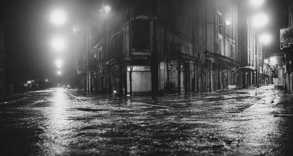 Image similar to a cinestill photo of an abandoned city street, wet streets, nighttime