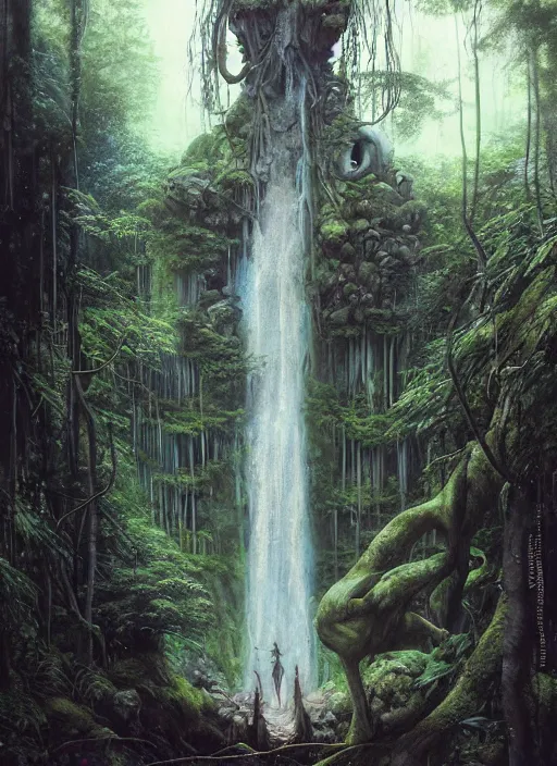 Image similar to a hyper realistic architectural witch shrine under a waterfall in the woods, gorgeous lighting, lush forest foliage, painting by chiara bautista and tom bagshaw, muca beksinski and norman rockwell and greg rutkowski weta studio, and lucasfilm