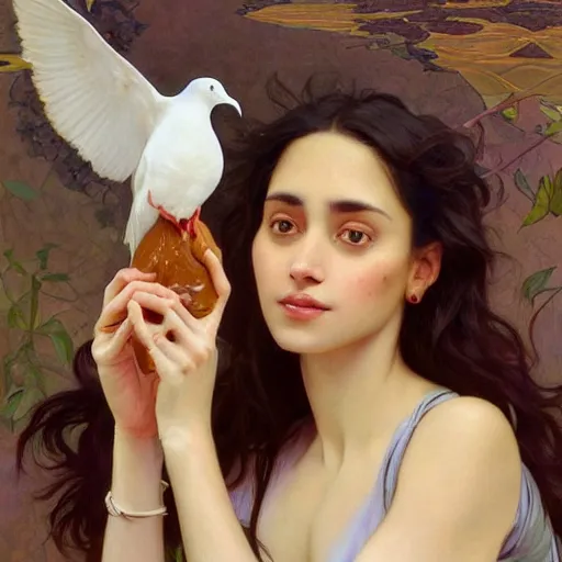 Prompt: artstation concept of a beautiful girl holding a dove, brown skin, sweaty skin, symmetrical face, casual white garment, brown canyon background, shiny colorful, hyperdetailed, artstation trending, world renowned artists, worth1000.com, historic artworks society, antique renewal, cgsociety, by greg rutkowski, by Alphonse Mucha, Deviantart