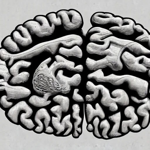 Prompt: Medical drawing of the human brain, very detailed anatomical features.