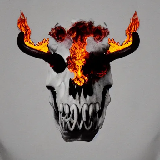 Image similar to a screaming angry cow skull, on fire, scary