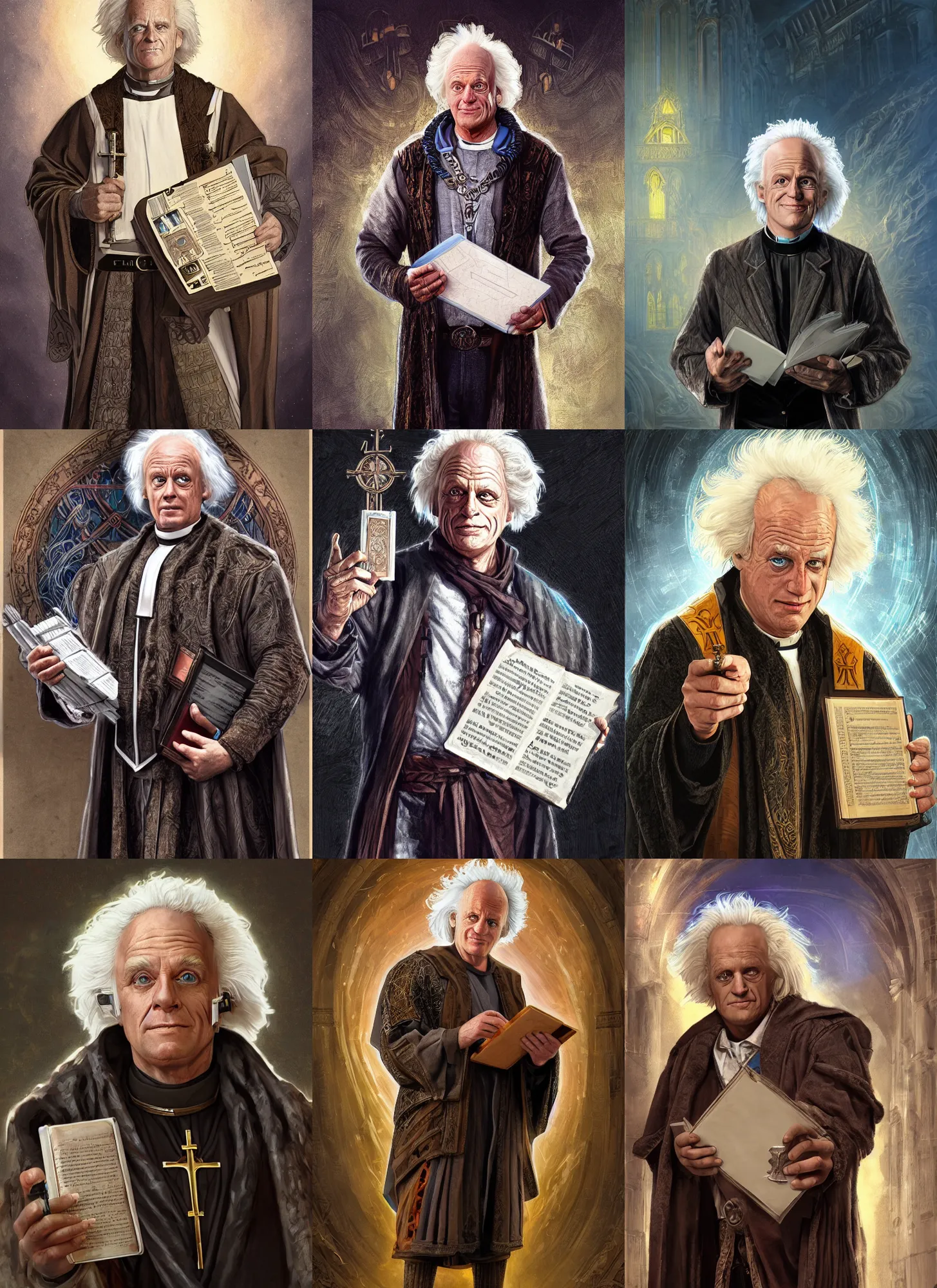 Prompt: emmett brown portrait as medieval theologian, holding tablets of the law, church background, dark, highly detailed, digital painting, artstation, concept art, sharp focus, illustration, rutkowski, aleksi briclot, mucha