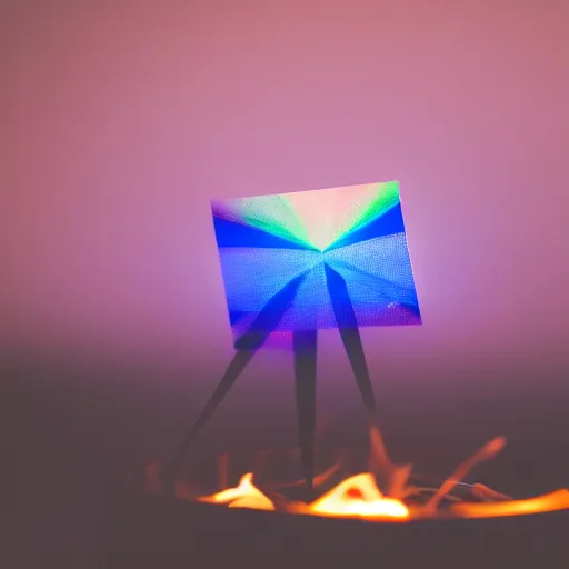 Image similar to DSLR still of a prism taking in white light on one side and splitting it into fire water wind and earth, 8k, f1.8, shallow depth of field, heavy bokeh