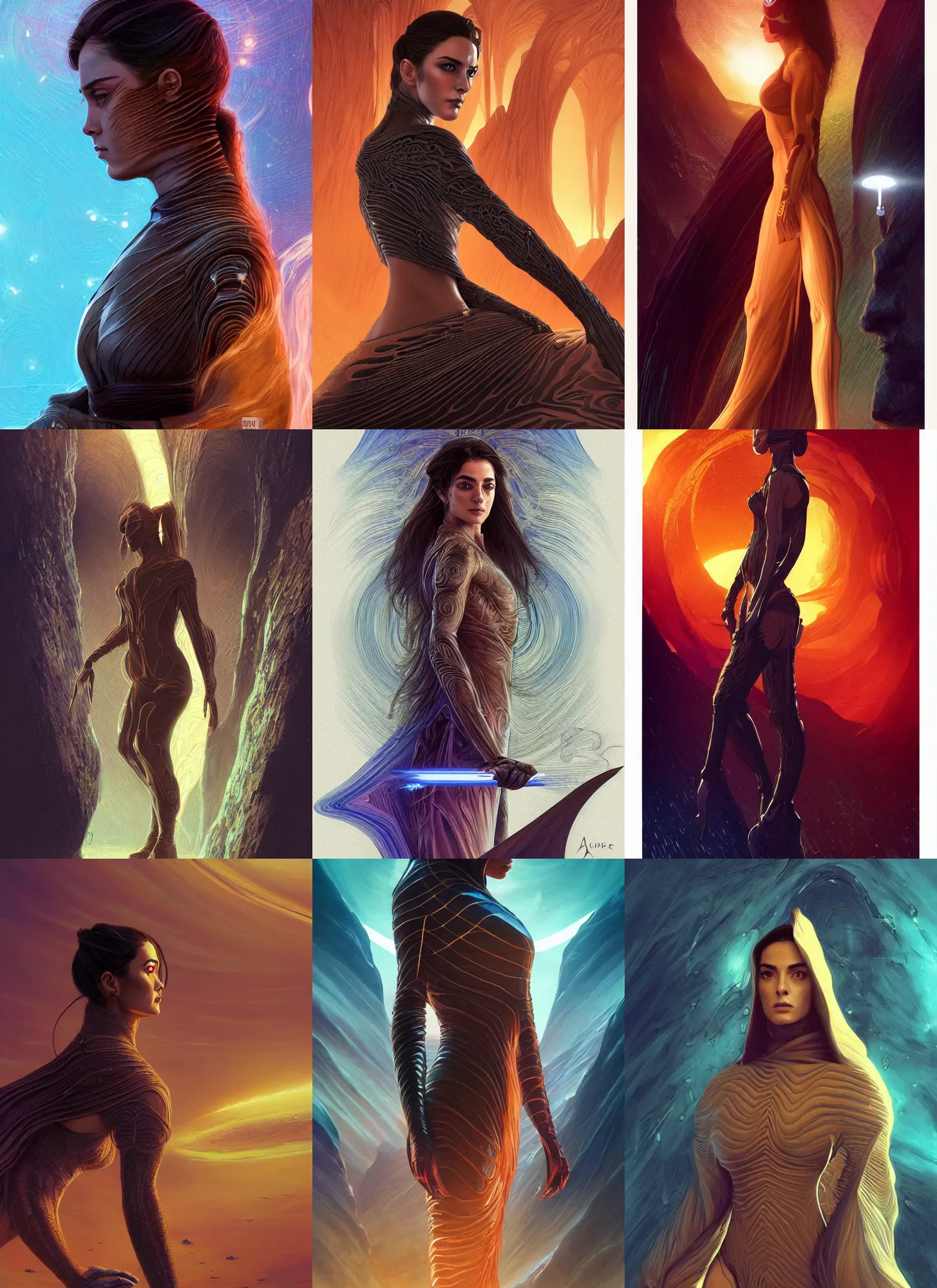 Prompt: Dune and altered carbon, Maya Ali as a cyber sorceress, side view, tarot card, sweat drops, fibonacci, fractals, insane, prismatic, intricate, highly detailed, digital painting, artstation, concept art, smooth, sharp focus, illustration, Unreal Engine 5, 8K, art by artgerm and greg rutkowski and alphonse mucha