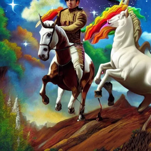 Image similar to wesley crusher riding a unicorn into battle