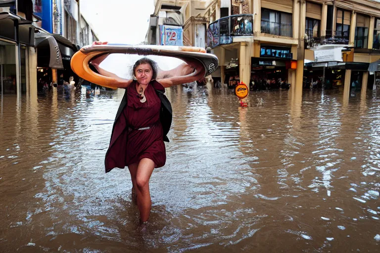 Image similar to closeup portrait of a woman carrying bottles of wine over her head in a flood in Rundle Mall in Adelaide in South Australia, photograph, natural light, sharp, detailed face, magazine, press, photo, Steve McCurry, David Lazar, Canon, Nikon, focus