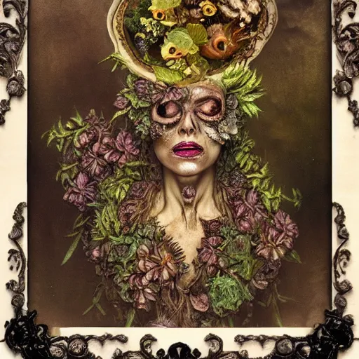 Image similar to a beautiful detailed front view baroque portrait of a rotten woman corpse becoming almost a skull with fractal plants and fractal flowers and mushrooms growing around, intricate, ornate, volumetric light, beautiful lit, polaroid photography