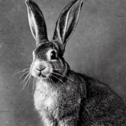 Image similar to a grainy black and white photograph of decorated war hero Rabby Rabbitson, the rabbit that saved England during ww1