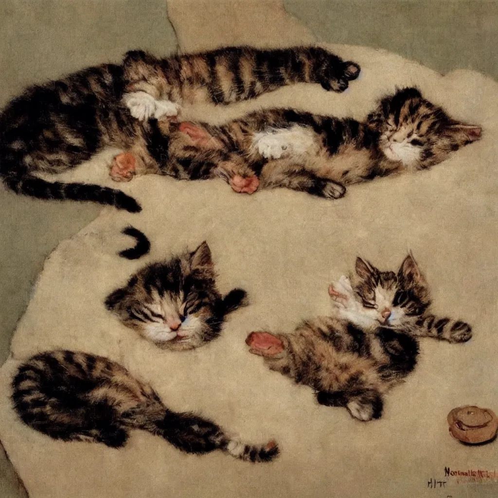 Prompt: Sleeping kitten painted by Norman Rockwell, museum quality painting