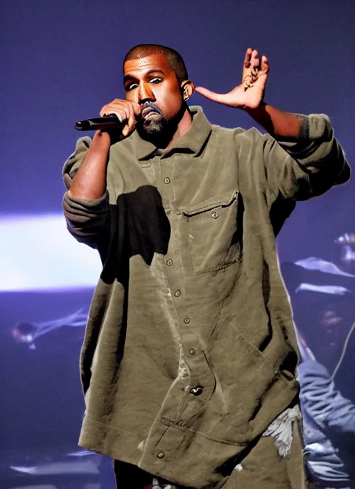 Prompt: kanye rapping on stage but the microphone is a giant tuna fish