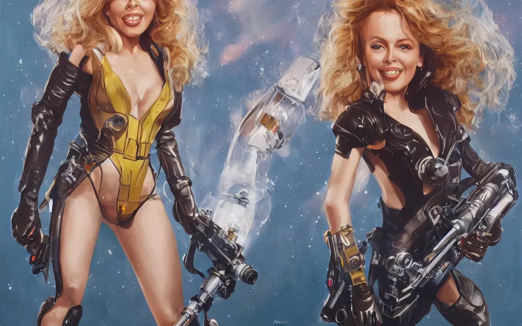 Image similar to kylie minogue as barbarella. floating through an airlock, holding a raygun. soft lighting. glamorous. sophisticated. hyper detailed painting. trending on artstation. cinematic.