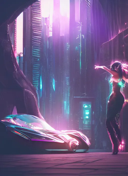 Prompt: cyberpunk bride, elegent, magic background, dynamic lighting, character concept, gaudy colors, octane render aesethic, radiant lighting, hd