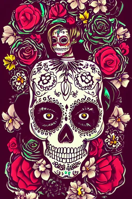 Prompt: Illustration of a sugar skull day of the dead girl, art by ross tran
