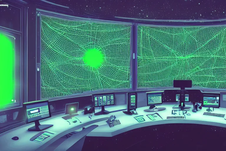 Prompt: a space-craft control room with windows looking out into the cosmos, a computer generated female avatar made of green vector lines is on the heads up display, sci fi, Ridley Scott, cinematic, cinematic lighting, artstation, HD,