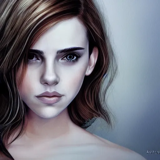 Prompt: portrait of girl who look like a mix of emma watson, scarlett johansson, nathalie portman, very detailled, by artgem