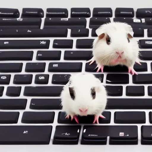 Prompt: photo of cute guinea pigs standing on a computer keyboard, stock art, trending on artstation, detailed, studio lighting