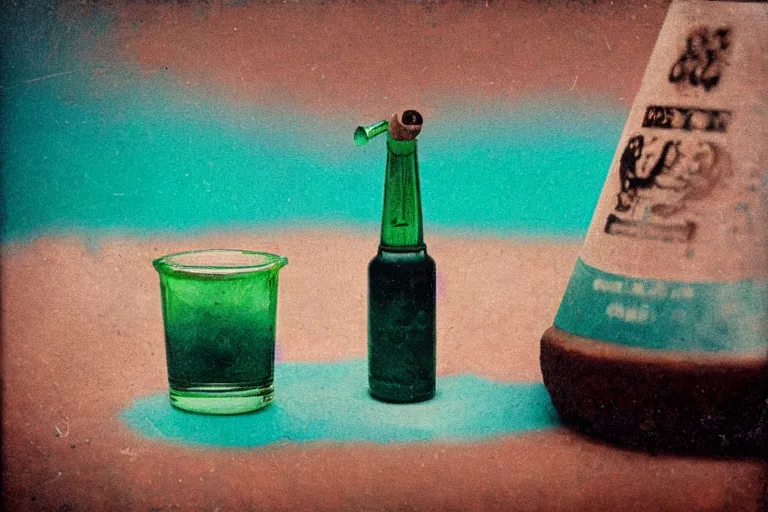 Image similar to small potion with a cork top filled with a green and turquoise gradient liquid, on a desk, old film photo