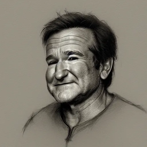Image similar to pencil illustration of Robin Williams trending on art station Greg rutkowski cinematic