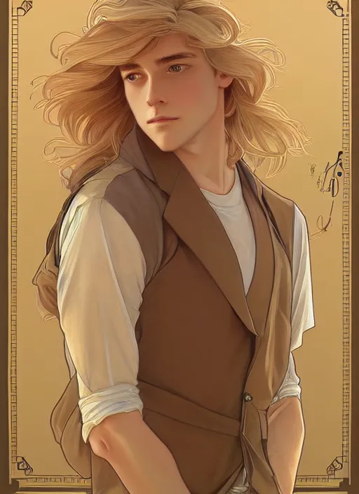 Image similar to pretty young man with shoulder length shiny shimmering golden blond hair, path traced, highly detailed, high quality, digital painting, by studio ghibli and alphonse mucha, leesha hannigan, disney