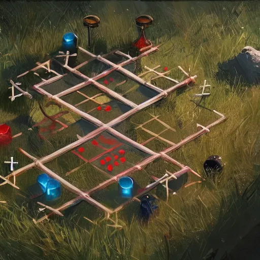 Image similar to a beautiful concept art of a boardgame field for the game tic - tac - toe, noughts and crosses, xs and os, by greg rutkowski, featured on artstation